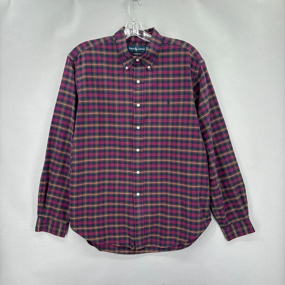 Ralph Lauren Shirt Mens XL Plaid Red Button Down Tartan Oxford Vintage Polo‎